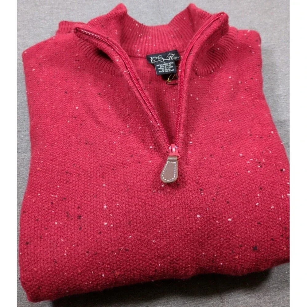JoS A BANK Lambswool Speckled Red Sweater 1/4 Zip Pullover Mens Size L with Tags
